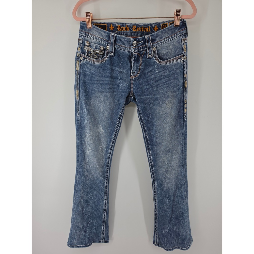 Rock Revival Luz Bootcut Jeans Womens 26 Blue Distressed Embroidered Y2K Denim